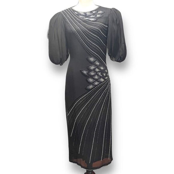 Oleg Cassini Women's Vintage Beaded Silk Cocktail Party Dress Black Size 6 - Picture 1 of 14